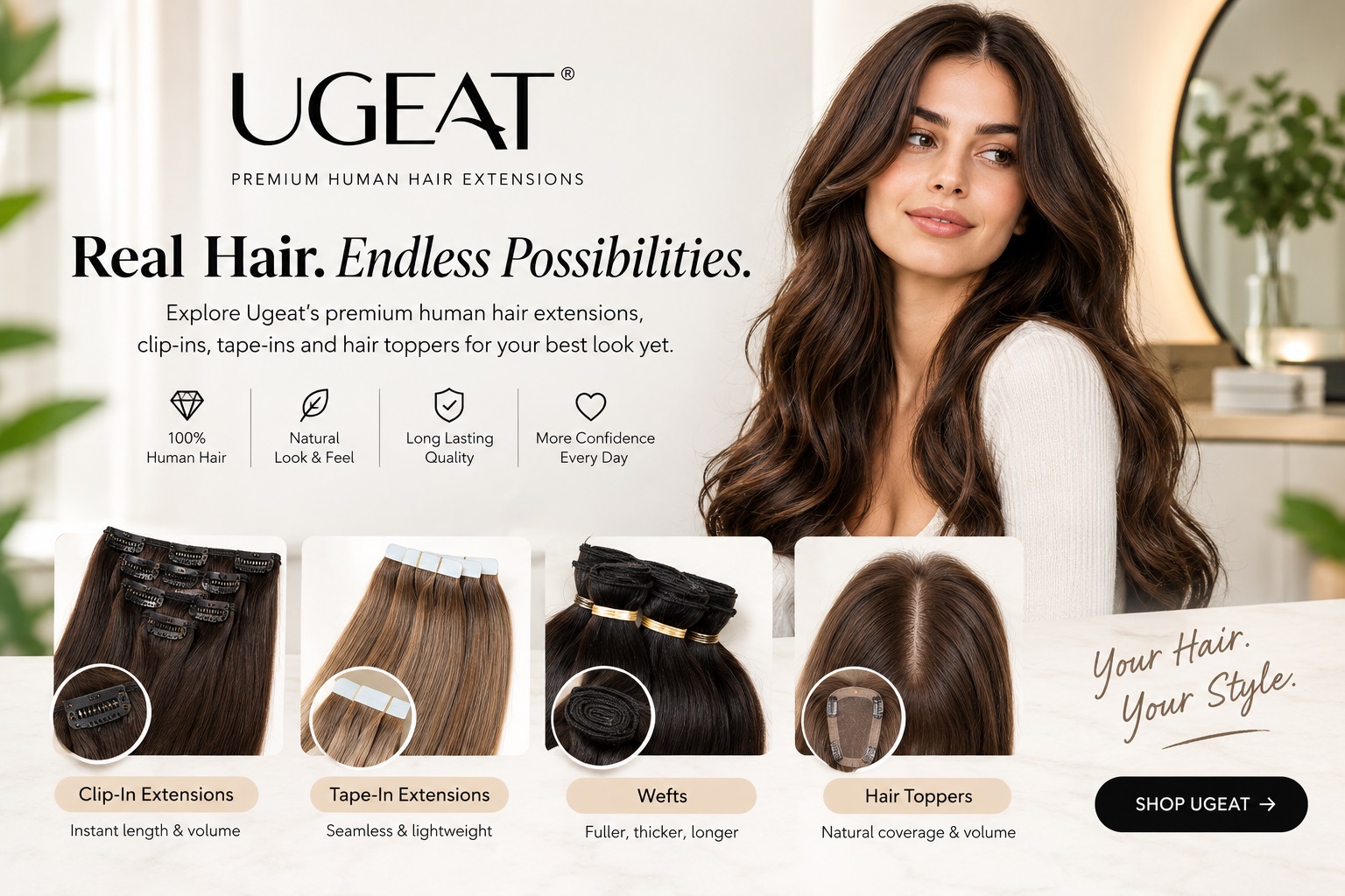 Ugeat Hair human hair extensions, clip-ins, tape-ins and hair toppers
