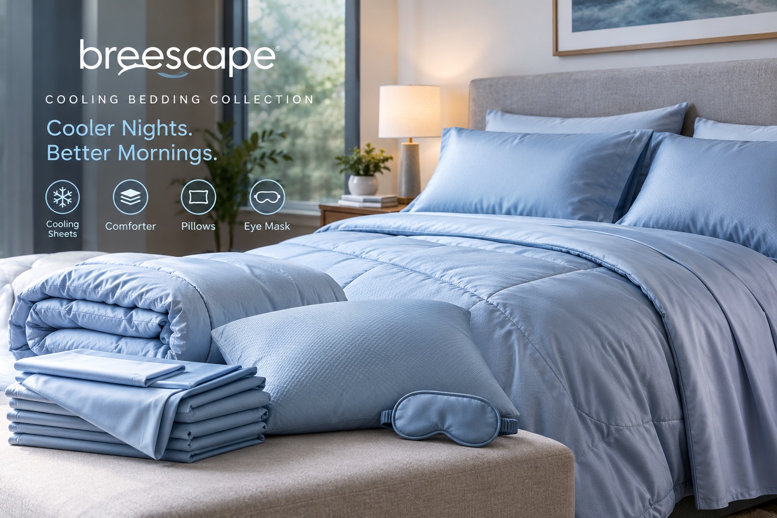 Breescape cooling bedding collection with cooling sheets, comforter, pillows and eye mask in a modern bedroom