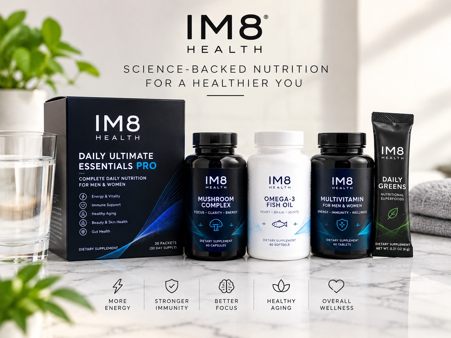 IM8 Health Daily Ultimate Essentials Pro, Daily Ultimate Longevity, and Beckham Stack premium daily nutrition supplements