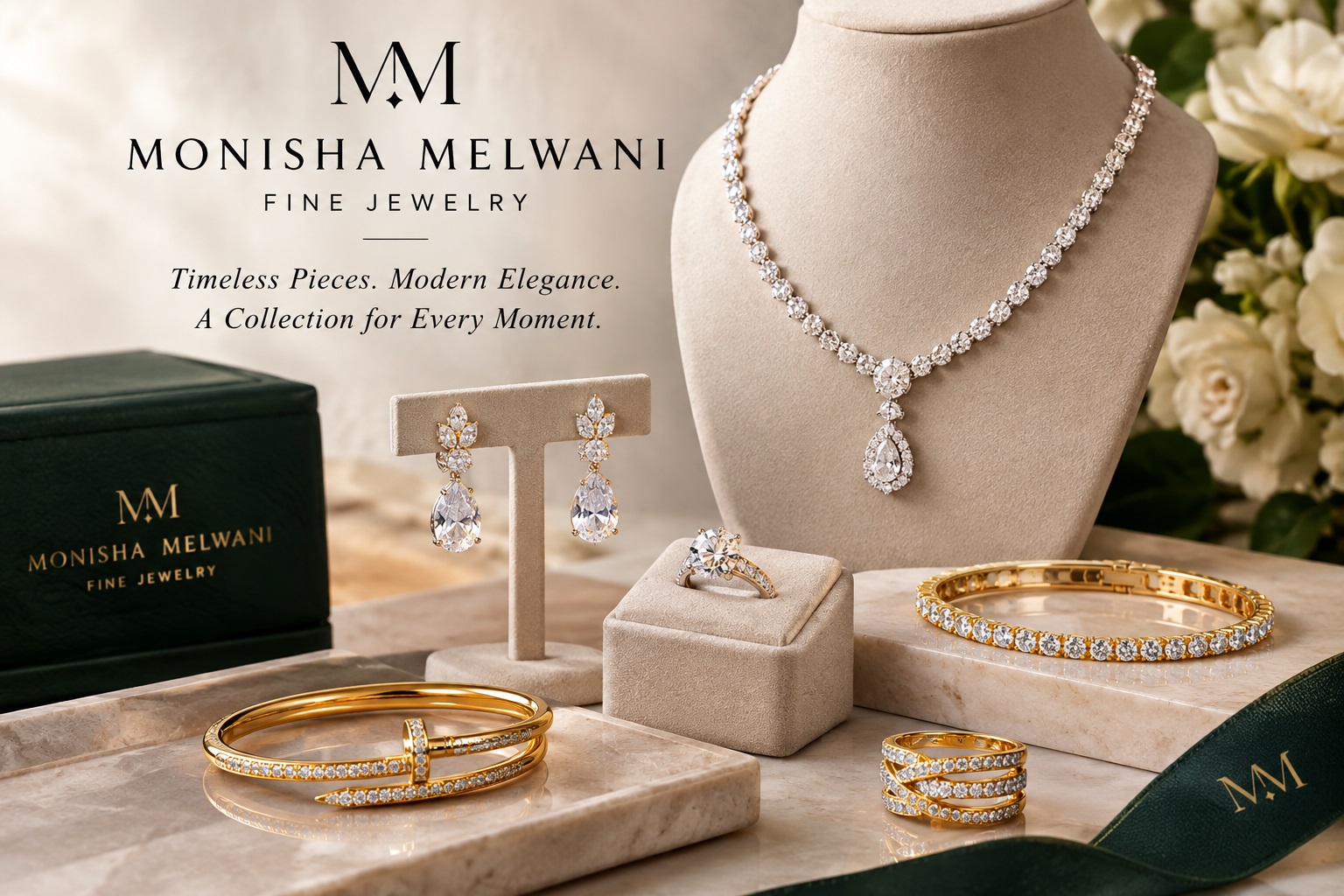 Monisha Melwani fine jewelry collection featuring diamond earrings, necklaces, rings, bracelets and luxury gold jewelry
