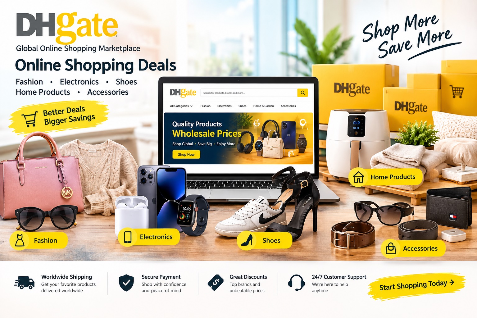 DHgate online shopping deals featuring fashion, electronics, shoes, home products and accessories