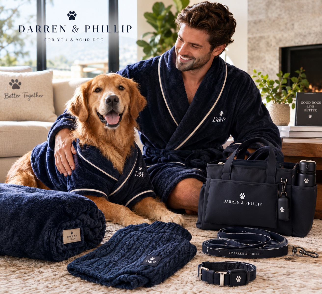 Darren & Phillip matching dog and owner clothing, dog robes, sweaters and walking accessories