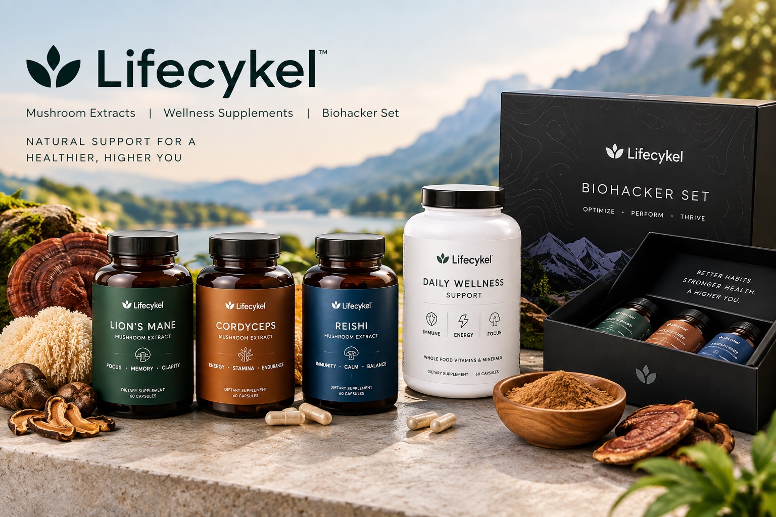 Lifecykel mushroom extracts, wellness supplements and Biohacker Set