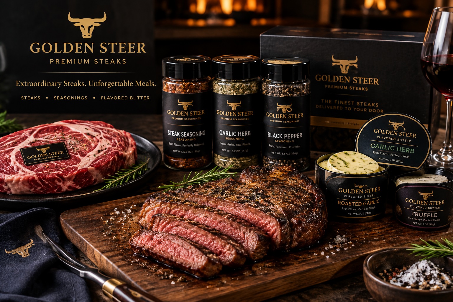 Golden Steer premium steaks, seasonings and flavored butter for a luxury steakhouse experience