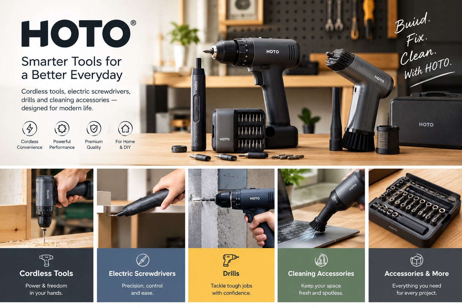 HOTO cordless tools, electric screwdrivers, drills and cleaning accessories