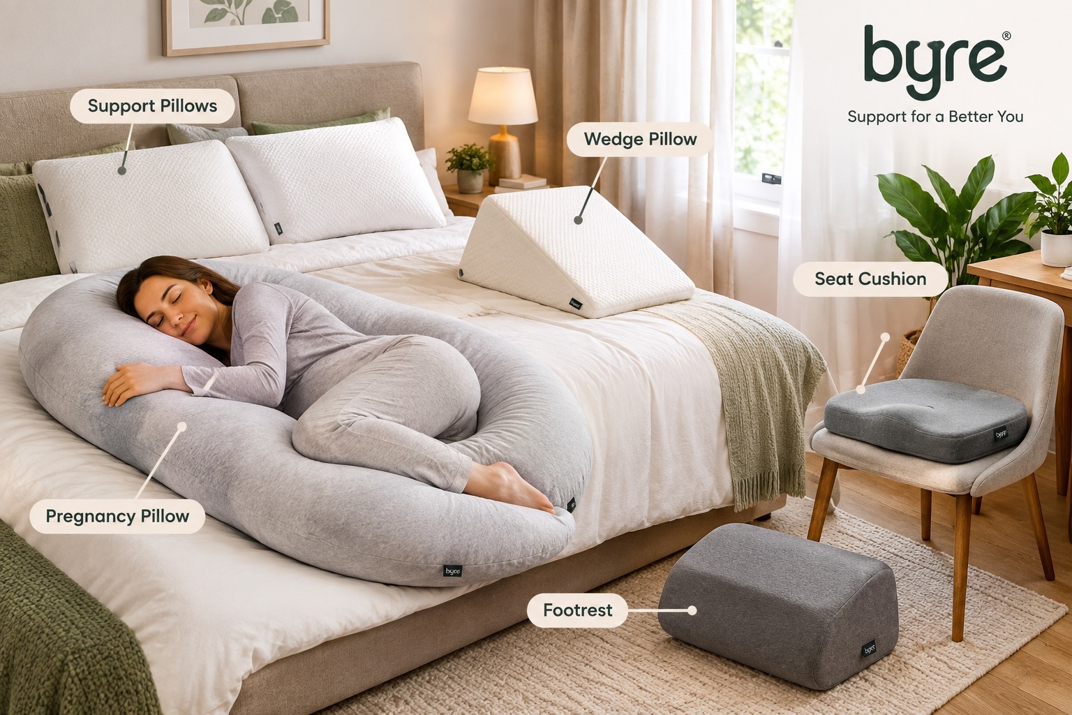 Byre support pillows, wedge pillow, pregnancy pillow, footrest and seat cushion in a comfortable modern bedroom