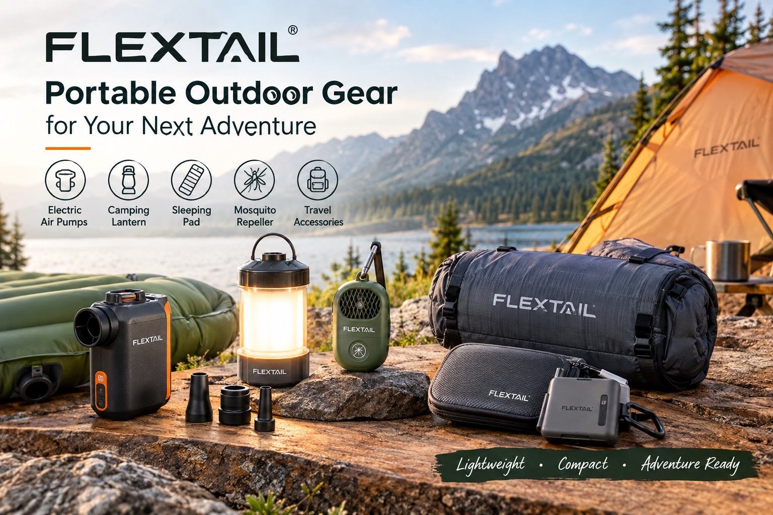 FLEXTAIL portable outdoor gear including electric air pumps, camping lantern, sleeping pad, mosquito repeller and travel accessories