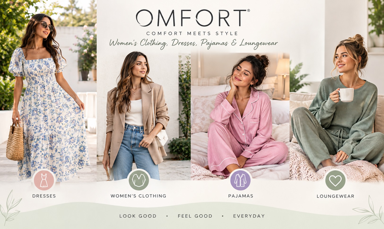 OMFORT women's clothing, dresses, pajamas and loungewear collection
