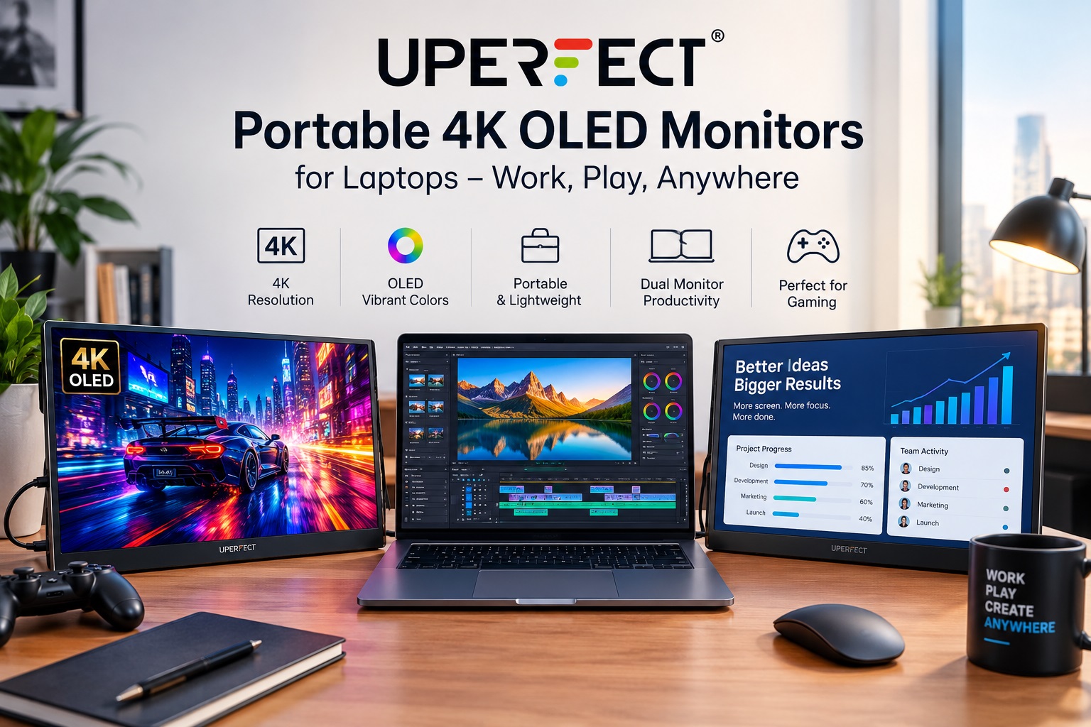 UPERFECT portable 4K OLED gaming and business monitors for laptops