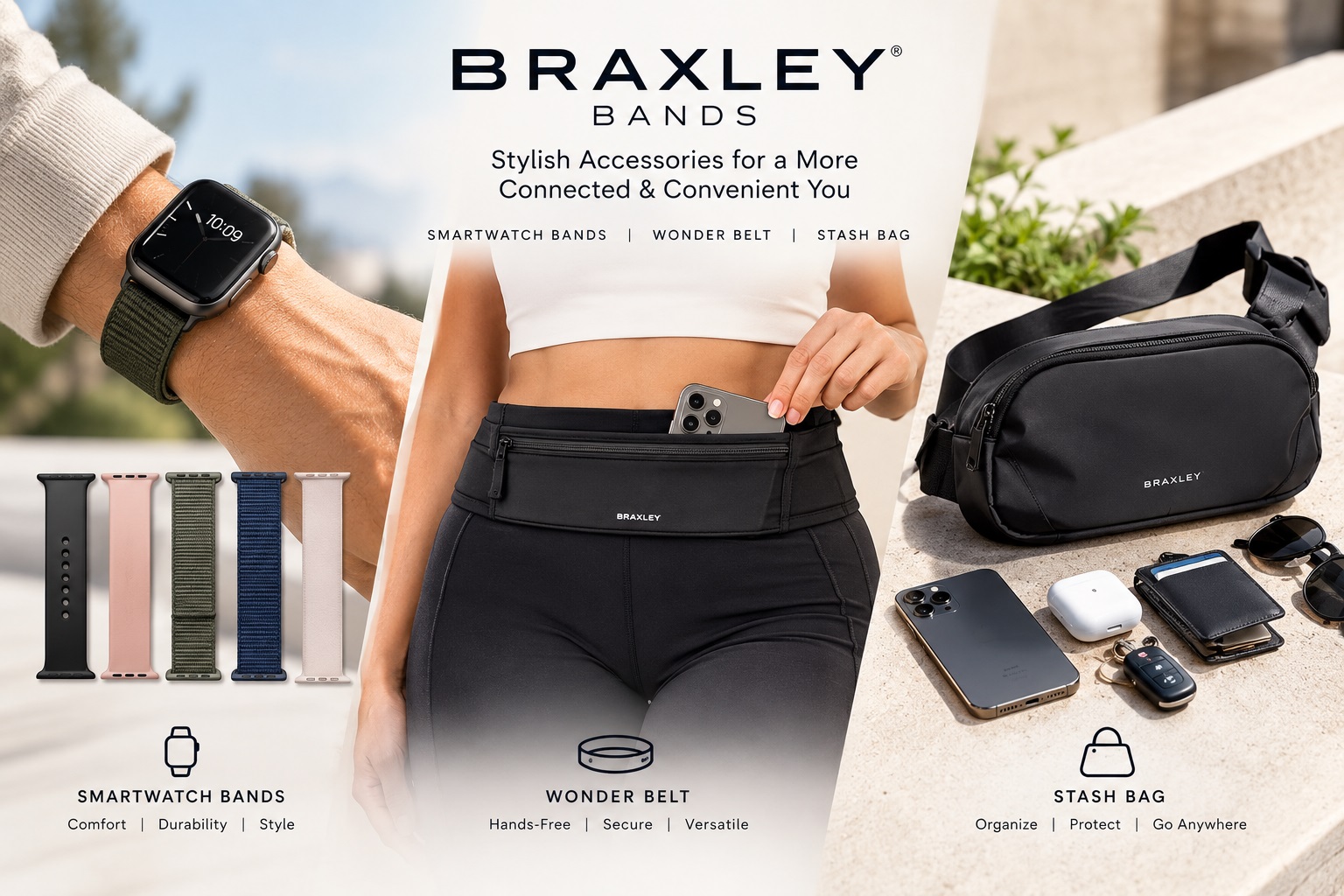 Braxley Bands smartwatch bands, Wonder Belt and Stash Bag