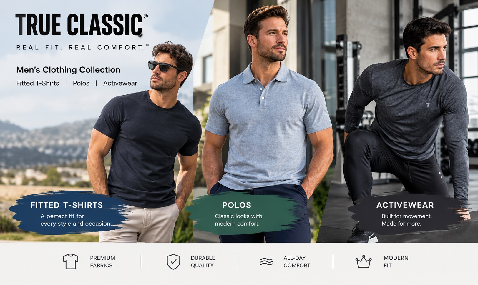 True Classic Tees men’s clothing collection including fitted t-shirts, polos and activewear