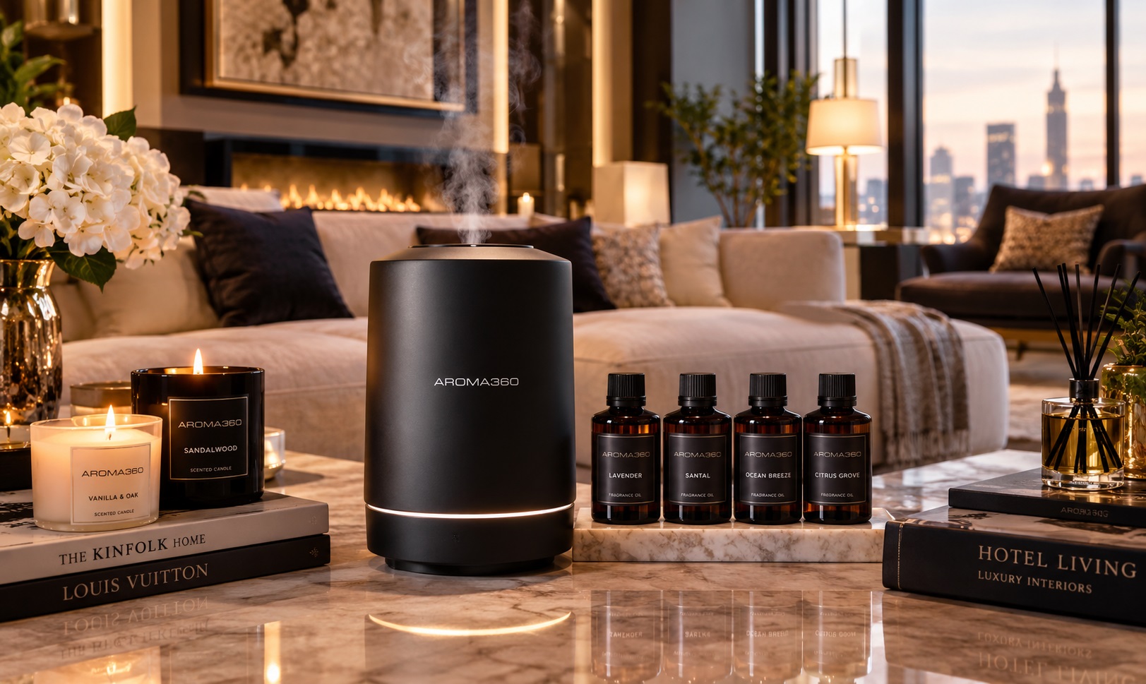Aroma360 luxury home fragrance diffuser with candles and fragrance oils in a modern home