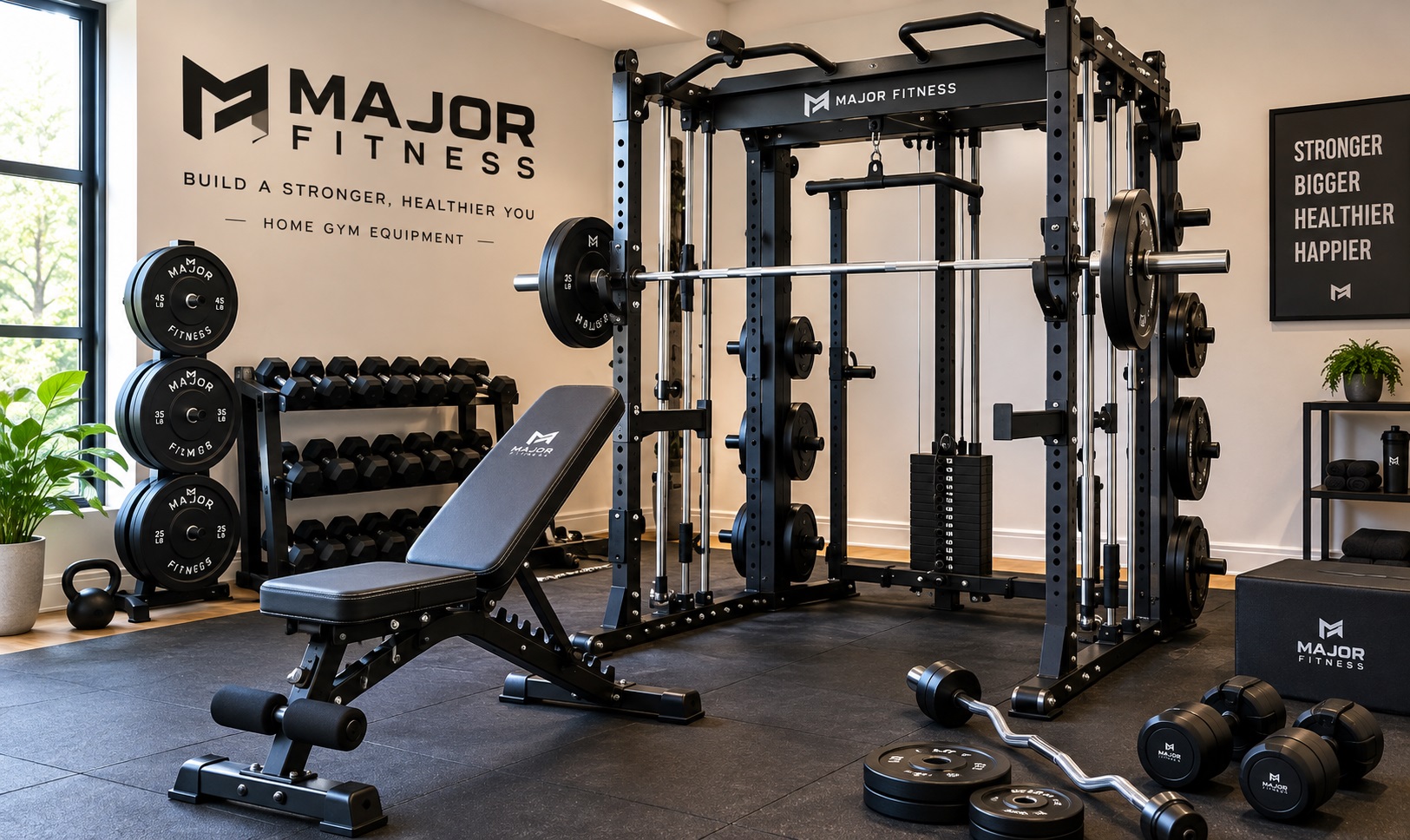 Major Fitness home gym equipment including Smith machine, power rack, adjustable bench and weights