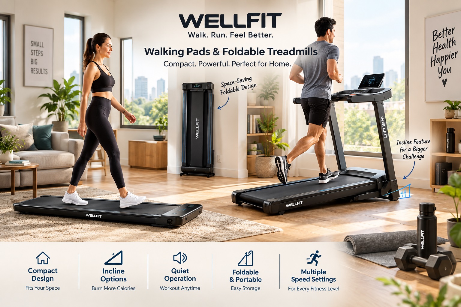 WELLFIT walking pad and foldable treadmills for home and office workouts