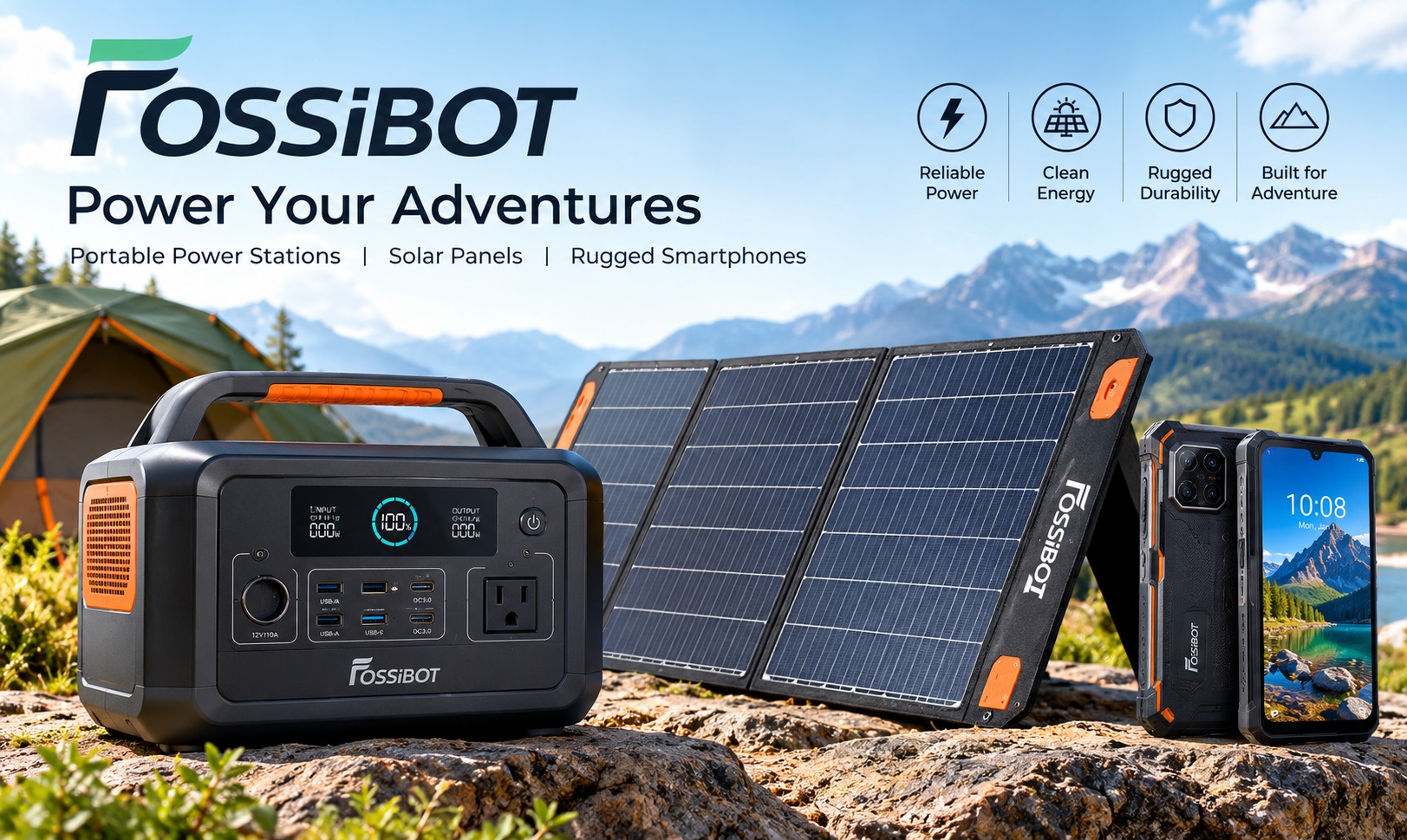 FOSSiBOT portable power station, solar panels and rugged smartphone